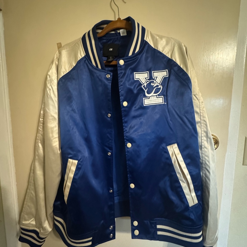 H&M Blue and Cream Varsity Jacket
